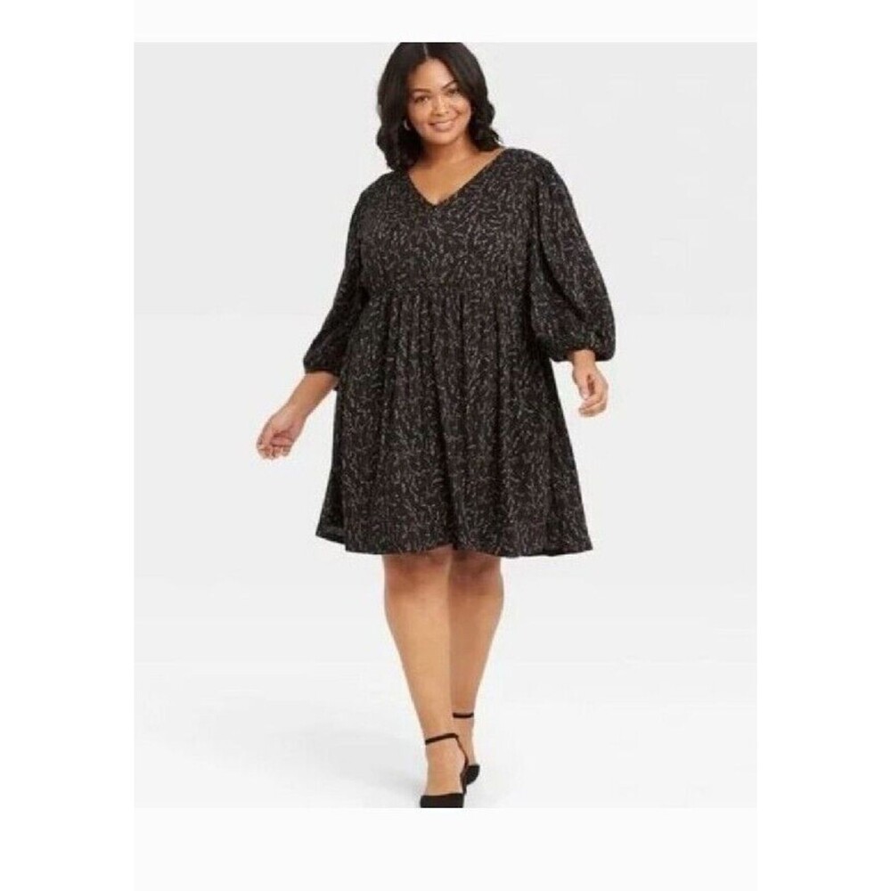 Ava & Viv Women’s 4X Black Floral Long Sleeve V-Neck Midi Dress Plus Size Boho